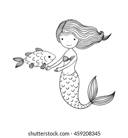 Beautiful little mermaid and fish. Siren. Sea theme.Hand drawn vector illustration on a white background. Coloring book