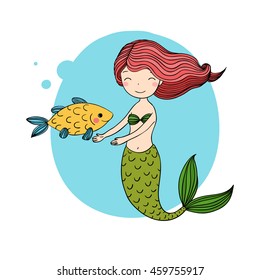 Beautiful little mermaid and fish. Siren. Sea theme.Hand drawn vector illustration on a white background. 