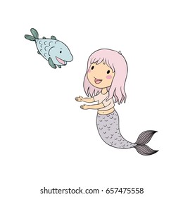 Beautiful little mermaid and fish. Siren. Sea theme. Mythical creature.vector illustration on a white background.