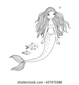 Beautiful little mermaid and fish. Siren. Sea theme.Mythical creature. vector illustration on a white background.