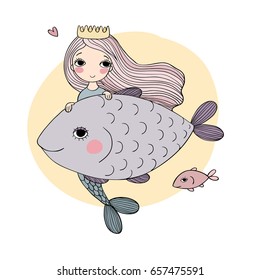 Beautiful little mermaid and fish. Siren. Sea theme. Mythical creature. vector illustration on a white background.