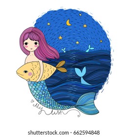 Beautiful little mermaid and fish. Siren. Sea theme. Sea waves and the starry sky. vector illustration.