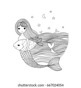 Beautiful little mermaid and fish. Siren. Sea theme. Sea waves and the starry sky. vector illustration.