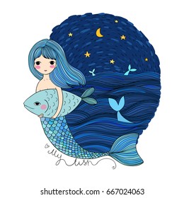 Beautiful little mermaid and fish. Siren. Sea theme. Sea waves and the starry sky. vector illustration.