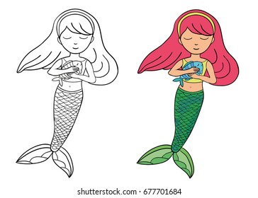 Beautiful little mermaid and fish. Underwater world.  Hand drawn vector illustration on a white background. Coloring book. Outline drawing coloring page. Sea, sleep Fantasy. Character of the cartoon.