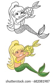 Beautiful little mermaid and fish. Underwater world.  Hand drawn vector illustration on a white background. Coloring book. Outline drawing coloring page. Sea, sleep Fantasy. Character of the cartoon.