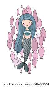 Beautiful little mermaid a flock of fish. Siren. Sea theme. vector illustration on a white background. 