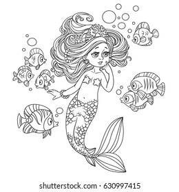 Beautiful little mermaid girl amazement communicates with the fish outlined isolated on white background