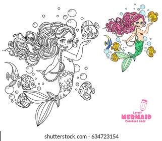 Beautiful little mermaid girl coloring page on a white background