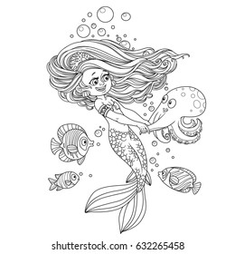 Beautiful little mermaid girl dancing with an octopus outlined isolated on white background