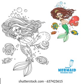 Beautiful little mermaid girl dancing with an octopus coloring page on white background