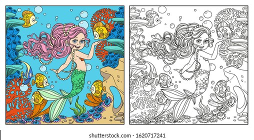 Beautiful little mermaid girl on underwater world with corals and anemones background color and outlined