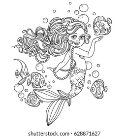 Beautiful little mermaid girl outlined isolated on white background