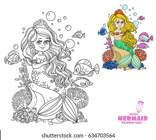 Beautiful little mermaid girl sits on a rock and combs her hair with a comb coloring page on a white background