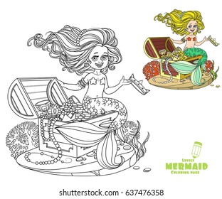 Beautiful little mermaid girl is sitting on treasure chest and keep the crown on the hand coloring page on a white background