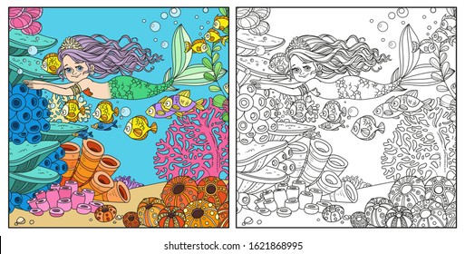 Beautiful little mermaid girl swim with fishes on underwater world with corals and anemones background color and outlined