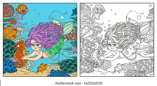 Beautiful little mermaid girl swimming with sea horse in the hands on underwater world with corals, anemones and fish background color and outlined