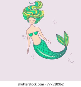 Beautiful little mermaid.   Hand drawn vector illustration.