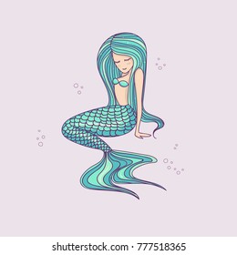 Beautiful little mermaid. Hand drawn vector illustration.