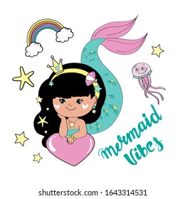 Beautiful little mermaid and the inscription mermaid vibes on a white background