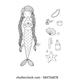 Beautiful little mermaid with long braids. Siren. Sea theme. Hand drawing isolated objects on white background. Vector illustration. 