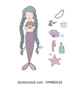 Beautiful little mermaid with long braids. Siren. Sea theme.Vector illustration. Hairdressing supplies.