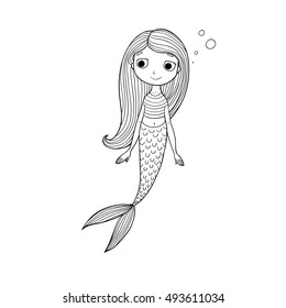 Beautiful little mermaid with long hair. Siren. Sea theme. 
Hand drawing isolated objects on white background. Vector illustration. Coloring book