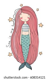 Beautiful little mermaid with long hair. Siren. Sea theme. vector illustration on a white background. 