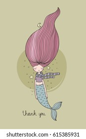 Beautiful little mermaid with long hair. Siren. Sea theme. vector illustration