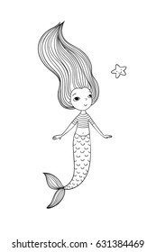 Beautiful little mermaid with long hair. Siren. Sea theme. Hand drawing isolated objects on white background. Vector illustration. 