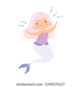 Beautiful Little Mermaid with Pink Hair Playing with Fishes, Cute Sea Princess Character Vector Illustration