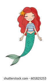 Beautiful little mermaid with red hair. Siren. Sea theme. isolated objects on white background. Vector illustration. 