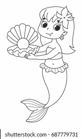 Beautiful little mermaid with seashell. Vector illustration for kids