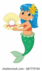 Beautiful little mermaid with seashell. Vector illustration for kids