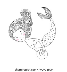 Beautiful little mermaid with shell. Siren. Sea theme. Hand drawn vector illustration on a white background. 