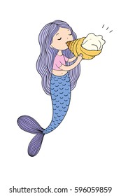 A beautiful little mermaid with a shell. Siren. Sea theme. vector illustration on a white background. 