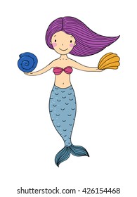 Beautiful little mermaid with shells. Siren. Mythology. Sea theme. Hand drawn vector illustration on a white background. 