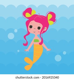 Beautiful little mermaid. Siren. Marine theme. A cute little mermaid with a yellow tail and pink hair against a blue sky. Vector illustration of a girl with a tail