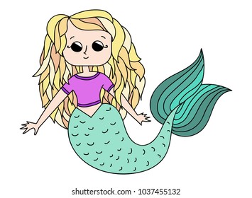 Beautiful little mermaid. Siren. Sea theme. Hand drawn vector illustration on a white background.