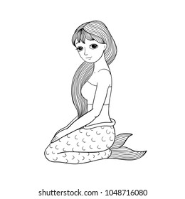 Beautiful little mermaid. Siren. Sea theme. Hand drawing isolated objects on white background. Vector illustration