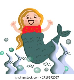 Beautiful little mermaid. Siren. Sea theme. Hand drawn vector illustration on a white background.