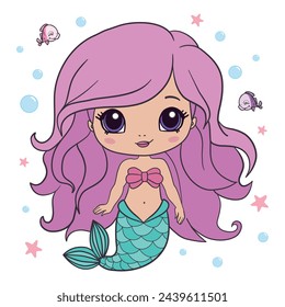 Beautiful little mermaid. Siren. Sea theme. Hand drawn vector illustration on a white background.