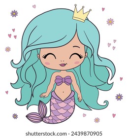 Hermosa sirenita. Sirena. Tema del mar. Dibujado a mano ilustración vectorial sobre un fondo blanco.