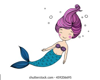 Beautiful little mermaid.  Siren. Sea theme. Hand drawn vector illustration on a white background. 