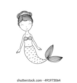 Beautiful little mermaid. Siren. Sea theme. Hand drawn vector illustration on a white background. 