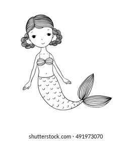 Beautiful little mermaid. Siren. Sea theme. Hand drawn vector illustration on a white background. 