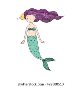 Beautiful little mermaid. Siren. Sea theme. Hand drawn vector illustration on a white background. 