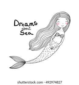 Beautiful little mermaid. Siren. Sea theme. Hand drawn vector illustration on a white background. 