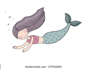 Beautiful little mermaid. Siren. Sea theme. isolated objects on white background. Vector illustration. 