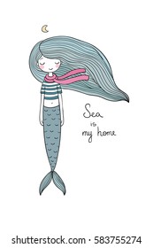 Beautiful little mermaid. Siren. Sea theme. vector illustration on a white background. 
